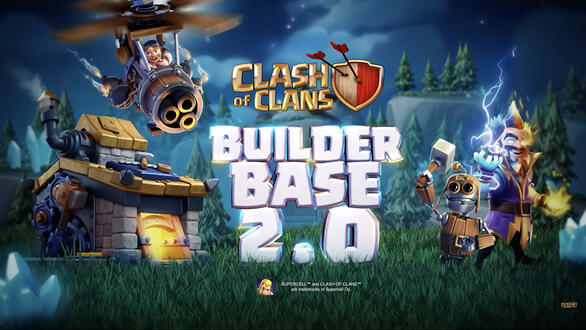 The Clash of Clans logo between various characters and over the words "Builder Base 2.0."