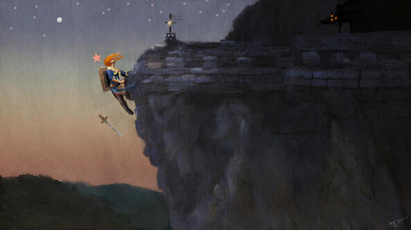 A Scythian climbs a mountain while a four-legged friend waits nearby. A Scythian climbs a mountain while a four-legged friend waits nearby.