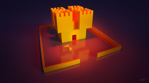 A cube holding a key in front of a castle. A cube holding a key in front of a castle.